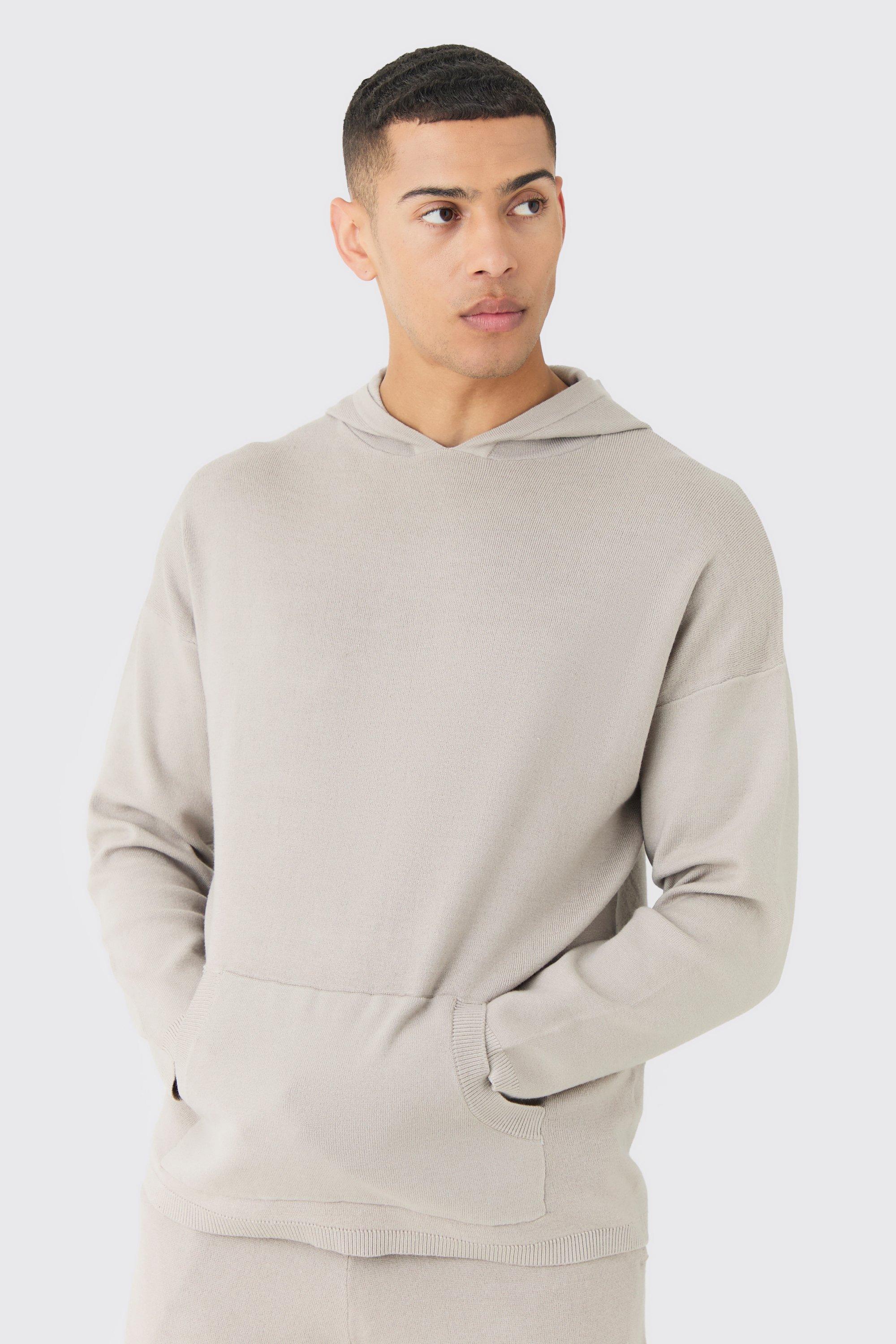 Mens Grey Regular Fit Knitted Hoodie, Grey